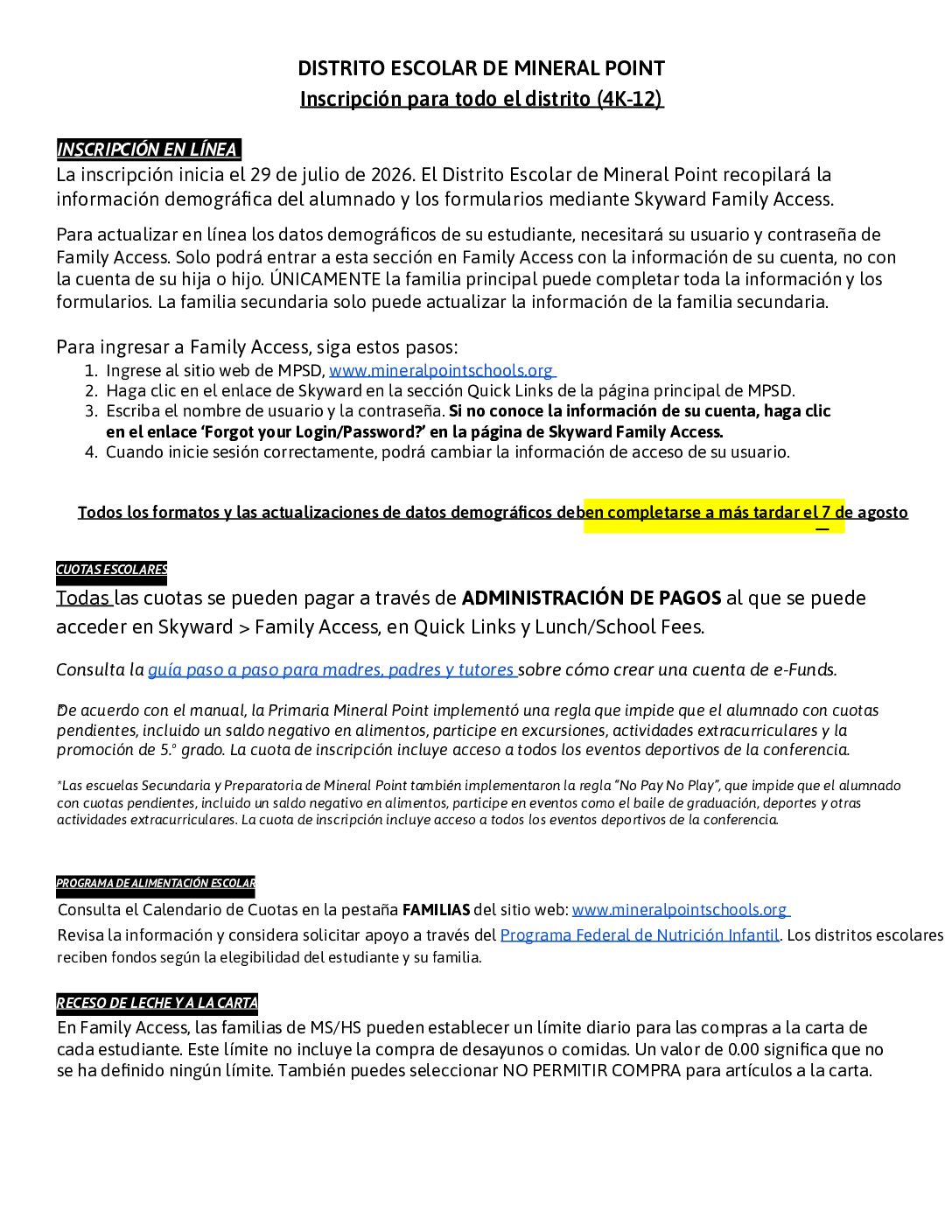 2026-2027 Registration Spanish