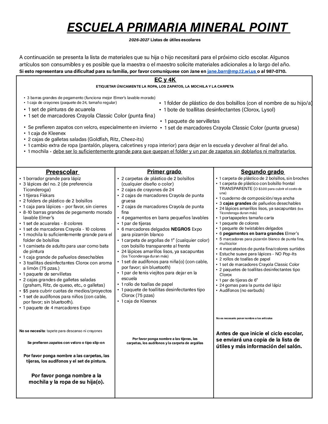 2026-27 Elementary School Supply List Spanish