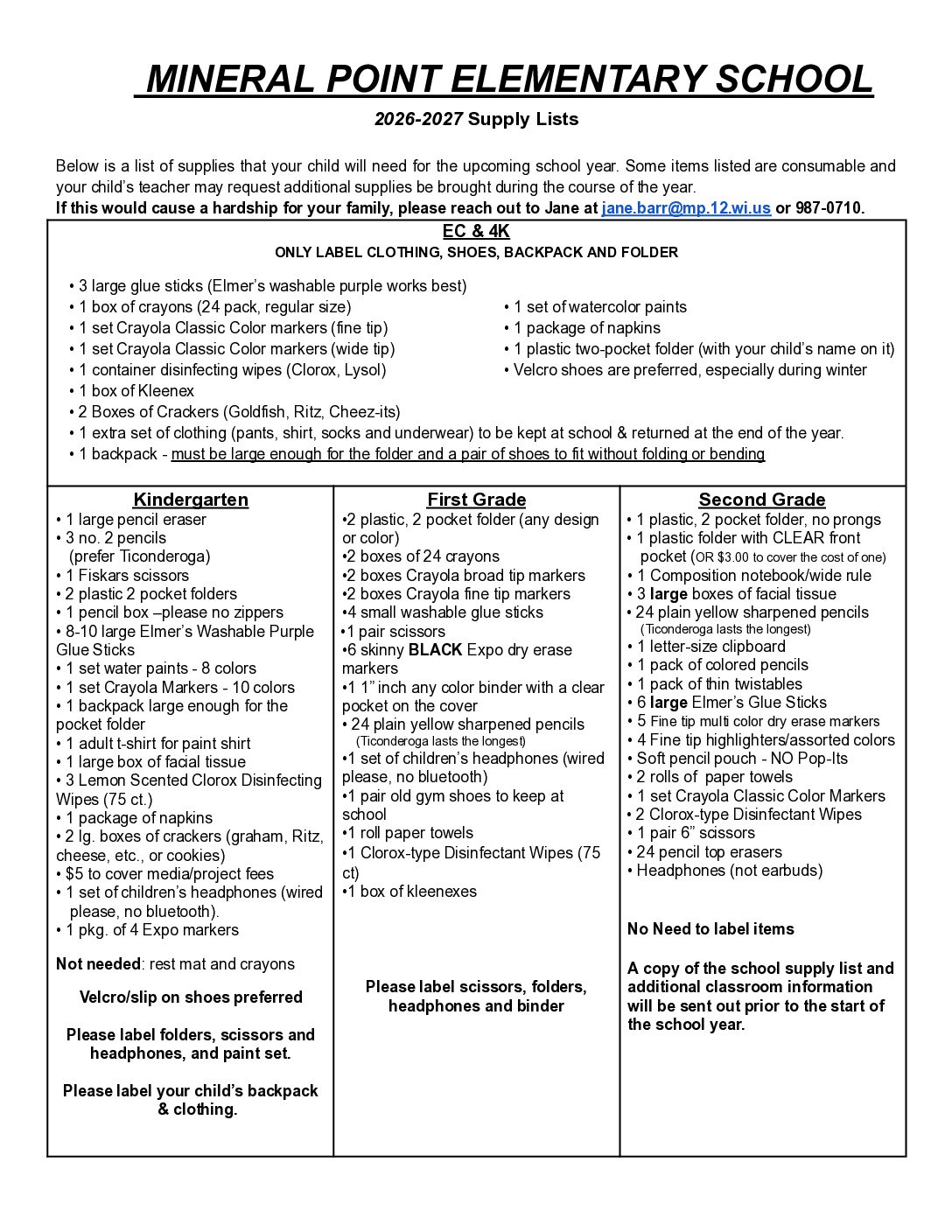 2026-27 Elementary School Supply List