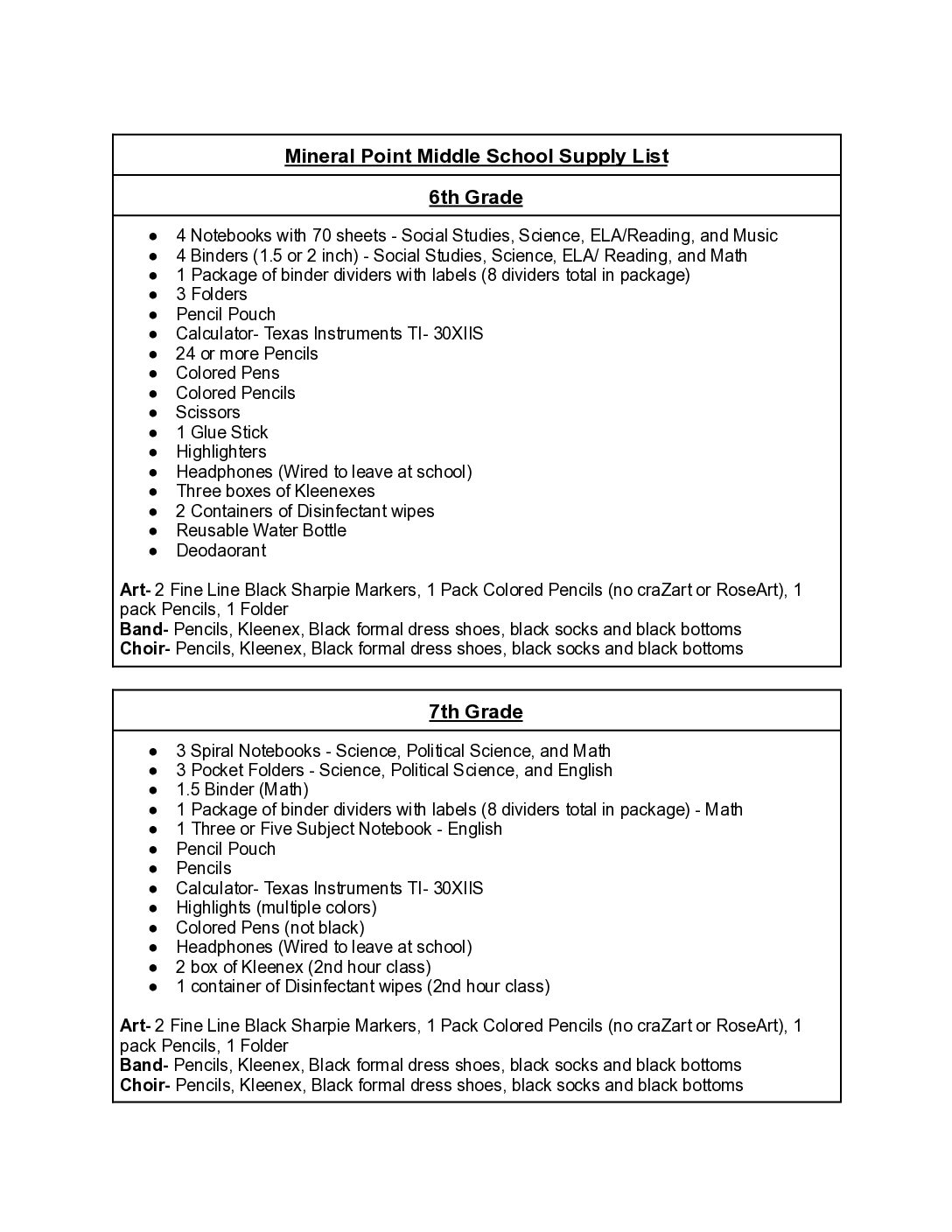 2026-27 Middle School Supply List