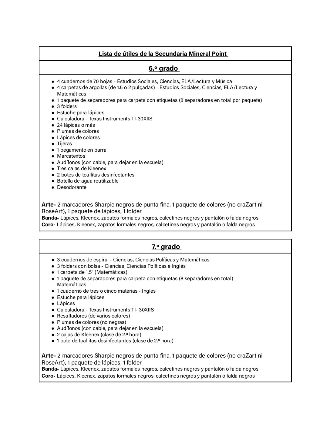 2026-27 Middle School Supply List Spanish