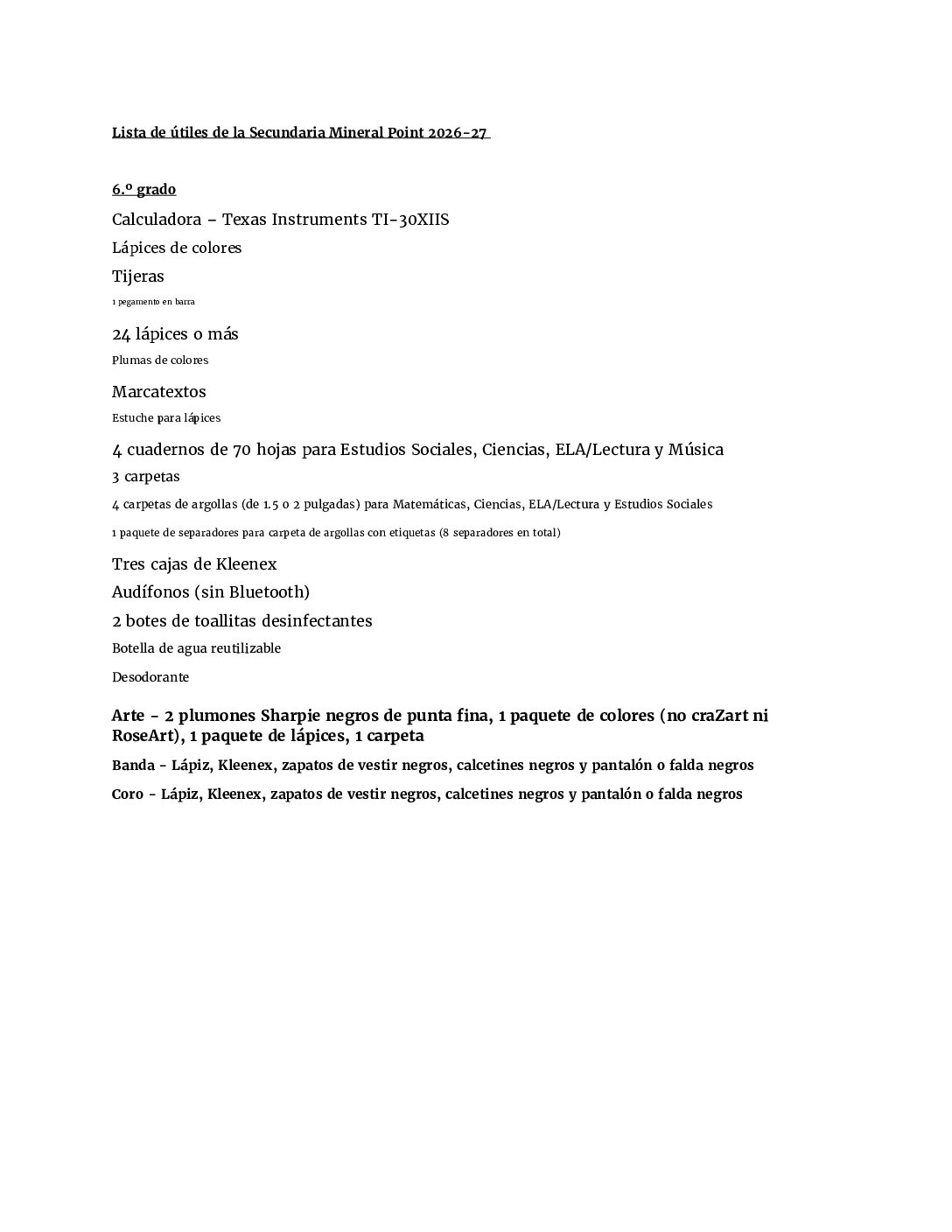 2026-27 Middle School Supply List Spanish