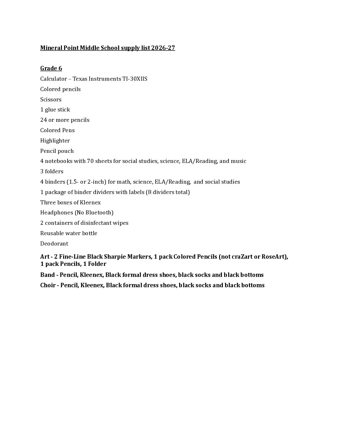 2026-27 Middle School Supply List