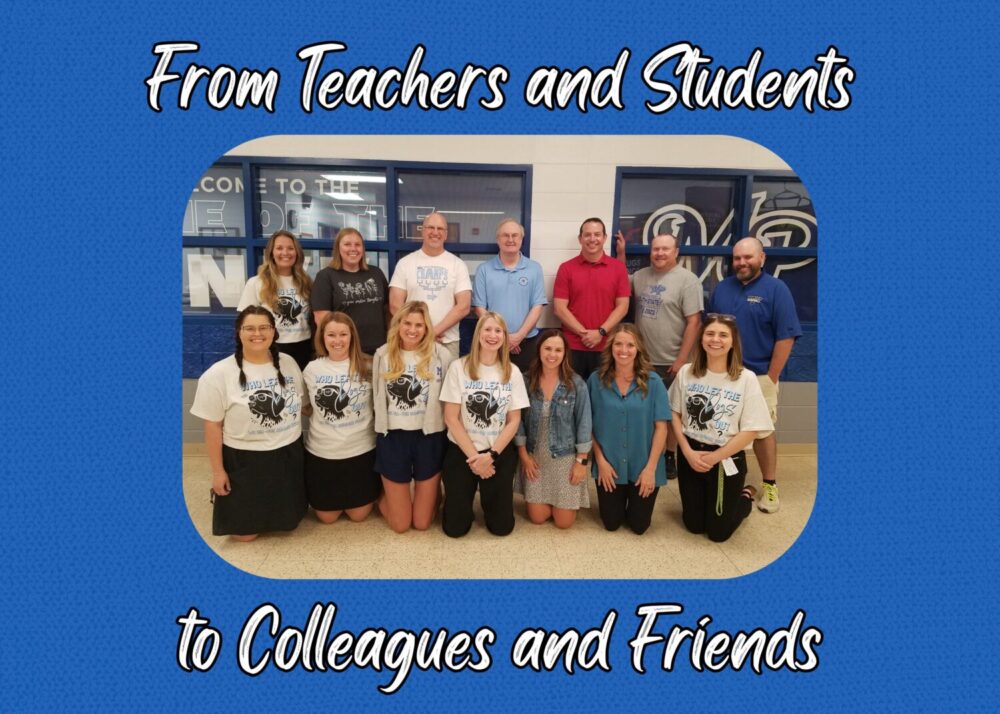This year's retirees are pictured with some of their former students who are now also school staff members.